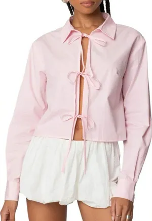 Edikted Melrose Cotton Tie Front Long Sleeve Shirt Baby Pink Size XS thumbnail 1