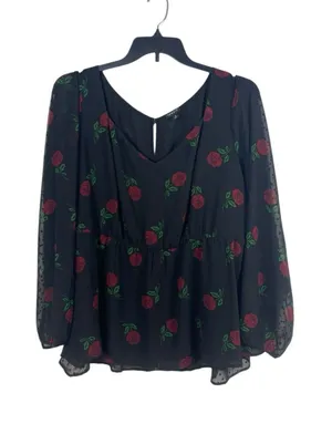 Torrid Size 3 Black Rose Print Peplum Blouse Sheer Sleeves Romantic Gothic 3X thumbnail 1
