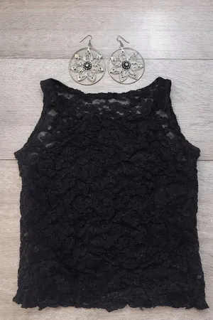 Ann Taylor Sheer Black Lace Top + Silver Floral Statement Earrings | Chic bundle thumbnail 6