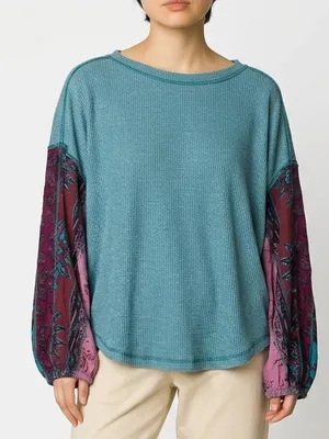 We The Free Oversized Waffle Knit Top Boho Patchwork Sleeves Sz S thumbnail 7