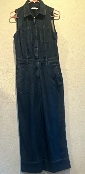 Chico's Denim Jumpsuit Sleeveless Collared Button Front Pockets Blue 0 small thumbnail 1
