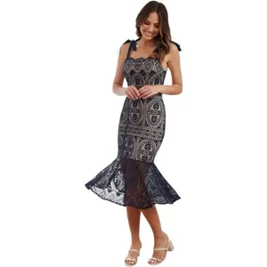 Two Sisters the Label Reneylla‎ Midi Dress Navy Crochet Trumpet Tie Strap Size 4 thumbnail 3