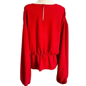 Express Womens Red Front Knot Bishop Sleeve Peplum Blouse Large Solid | 0147 thumbnail 2