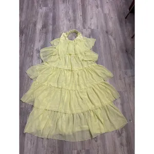 Lucy In The Sky Yellow Tiered Chiffon Maxi Dress Tie Front Cutout Back Small NEW thumbnail 2