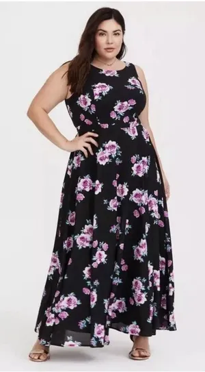Torrid Black Pink Floral Georgette Sleeveless‎ Maxi Dress Size 16 thumbnail 1
