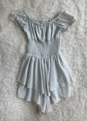 Swiss Dot Off-Shoulder Smocked Ruffle Romper Dress thumbnail 1