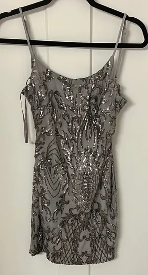 Elegant Silver Sequin mini Dress Gray Size M thumbnail 1