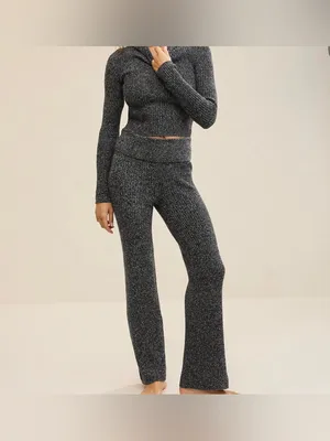 Aerie ribbed Late Night fold over flared knit pants in marled gray thumbnail 3