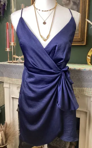 Hello Molly Navy Blue Satin‎ Wrap Mini Dress Side Tie Surplice V-Neck Size 4 S thumbnail 1