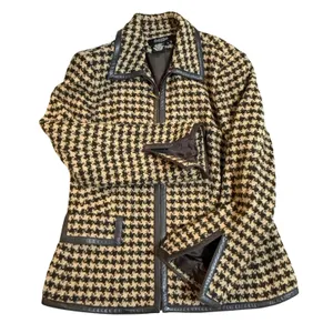Peck & Peck Houndstooth Wool‎ Blend Zip Jacket Brown Tan Faux Leather Trim Sz 12 thumbnail 5