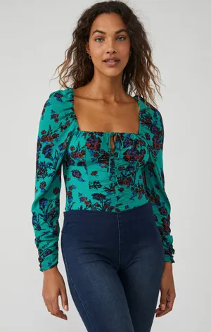 Free People Hilary Printed Top In Green Floral thumbnail 1