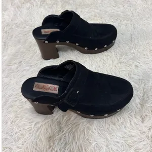 Sugar Black Suede Clogs Platform Studded‎ Heel 7.5M Brown Wood thumbnail 3