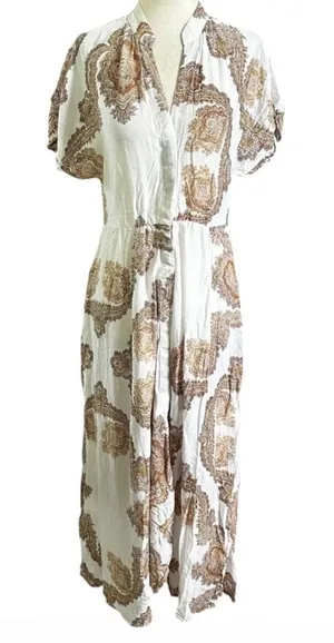 H&M Women Paisley Hi-Low Maxi Dress White Brown Boho Short Sleeve Size 2 | 0116 thumbnail 1