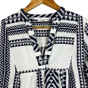 Mi Ami White Blue 100% Cotton Textured 3/4 Sleeve Tiered Mini Dress thumbnail 3