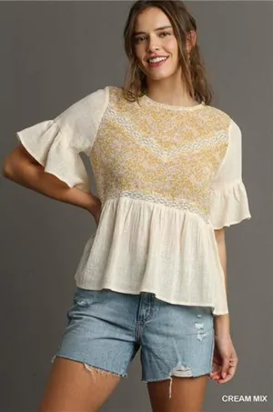 ✨NWT Umgee Floral‎ Lace Trimmed Detail Half Sleeve Babydoll Top thumbnail 1