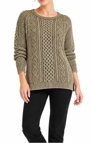 LL Bean Signature Sweater Womens Size L Green Cable Knit Fisherman 100% Cotton thumbnail 1