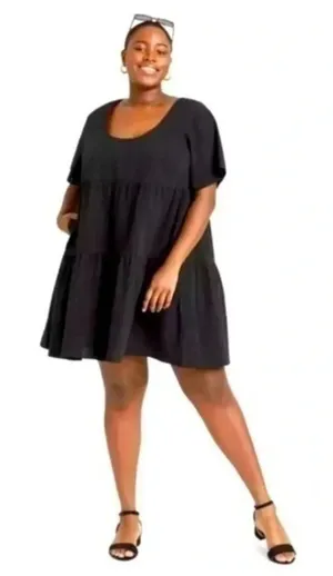 A New Day Women's Black Short Sleeve Tiered Casual Babydoll Dress thumbnail 1