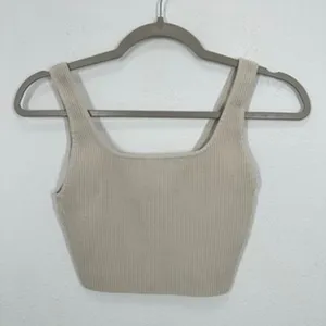 Babaton Ribbed Knit Square Neck Tank Top Sleeveless Crop Top Beige‎ Loungewear thumbnail 2