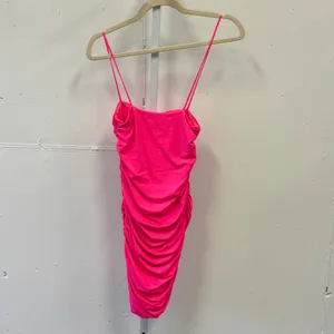 Oh Polly Neon Pink Ruched Bodycon Mini Dress Square Neck Spaghetti Strap US 4 thumbnail 3