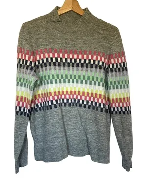 LOFT gray wool blend colorful‎ center stripe women's size L turtleneck sweater thumbnail 1