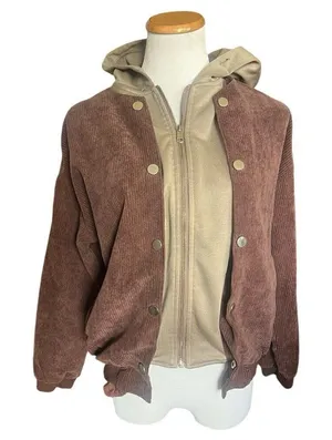 Womens Shein Y2K Brown Corduroy Jacket w Attached Hoodie Coat - Sz S HT Black n thumbnail 1