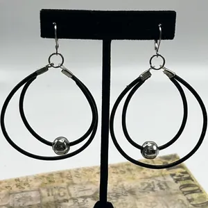 Double Leather Corded Dangling Earrings w/ Silver-Tone Bead Choice of Closure thumbnail 12