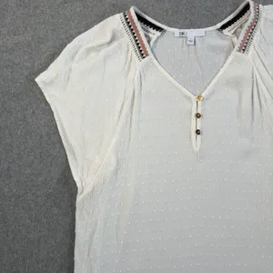 DR2 Women's Small White Swiss Dot Blouse Top V-Neck Embroidered Peasant Boho thumbnail 5