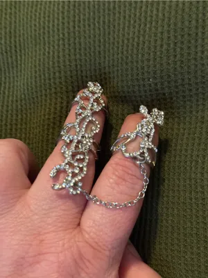 Silver Crystal Filigree Double Finger Chain Ring - Silver thumbnail 2