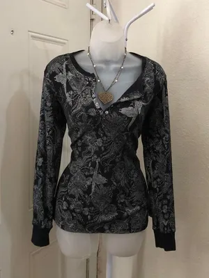 Y2K Longhorn Gothic Grunge Black grey long sleeve henley top shirt blouse #subversive #gorpcore #whimsygoth #biker #skull angels wings cross 1/4 snap button thumbnail 1