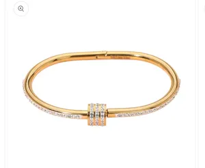 Stainless Steel Stone Accent Hinged Bangle Bracelet Gold thumbnail 3