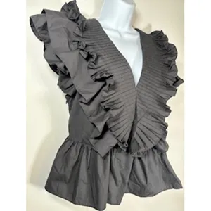 Entro Black Ruffled Peplum Top V-Neck Smocked Pleated‎ Blouse Size Large Chic thumbnail 3