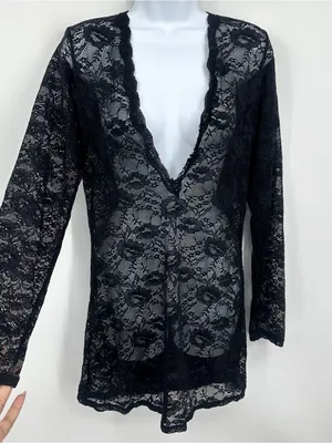 Vintage Y2K Black Lace V Neck Long Sleeve Shirt Size XL Whimsical Dark Romance thumbnail 5