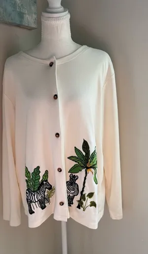 Blair Cream Embroidered Zebra Button Down Shirt XL Grandmacore Safari Animal thumbnail 1