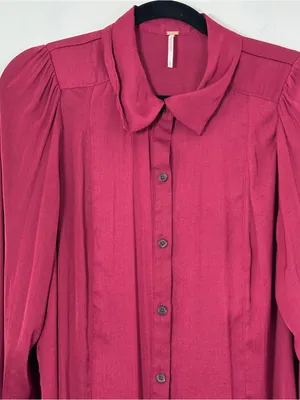 Free People Burgundy Button Front Blouse Women’s Large Puff Sleeve Cuff Top thumbnail 2