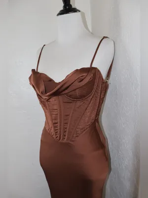 House of CB Brown Satin Corset Maxi Dress XS thumbnail 4