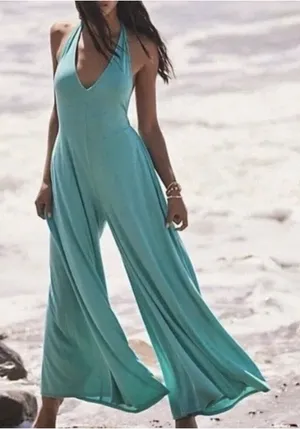 Free People Aqua Halter Wide-Leg Jumpsuit thumbnail 1