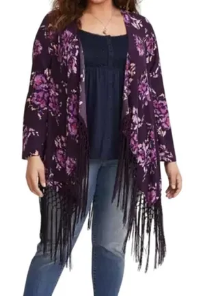 Torrid Floral Print Fringe Kimono in Purple, Size 1/1X​​​ thumbnail 1