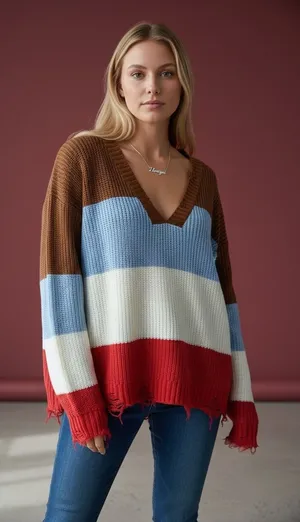 POL Striped V Neck Distressed Sweater‎ Size L Brown Blue White Red thumbnail 1
