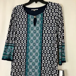 Studio One New York | Teal Navy Geometric Knee Length Dress NWT Womens Medium thumbnail 2