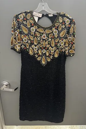 1980s Laurence Kazar NY Beaded Multicolor Bodice Dress Size L VTG 100 Silk 3989 thumbnail 1
