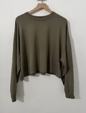 Nuuds Long Sleeve Crewneck Cropped Sweatshirt Olive Green Lg Lounge Soft Rayon thumbnail 1