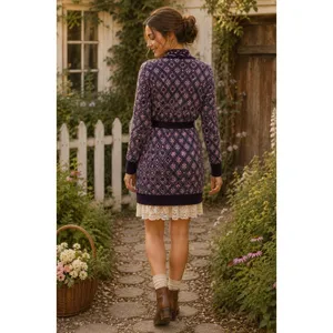 COSY WOOL‎ by Elson Purple Geometric Cardigan Sweater Belted Tie Waist Size 38 thumbnail 5