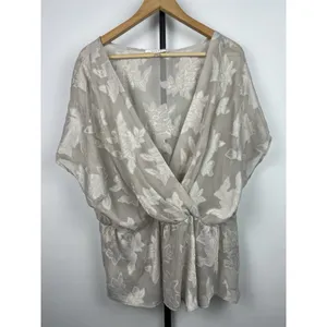 WAYF Gray Neutral Sheer Floral Dean Crossover Peplum‎ Blouse Top Size 1X thumbnail 2