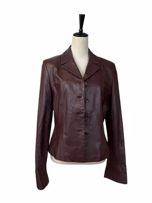 Cache Leather Jacket 10 Burgundy Fitted Button Front Y2K Retro Blazer Maroon thumbnail 7