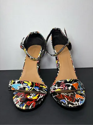 Block Heels BAMBOO Black Multi-Color Graffiti Ankle Strap Sandals thumbnail 4