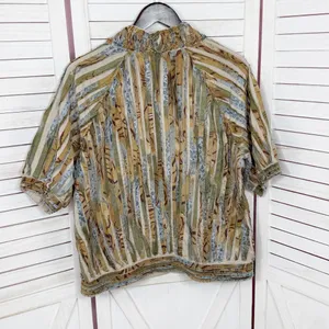 Chicos Shirred Cut Away Art To Wear Short Sleeve V Neck Jacket Tan Multi‎ Large thumbnail 8