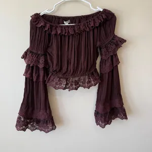 Earthbound Top M Wine Lace Tiered Ruffle Bell Sleeve Off Shoulder Fairycore thumbnail 8
