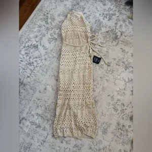 Lulus Blissful Strolls Beige Crochet Faux-Wrap Halter Midi Dress Size Medium thumbnail 4