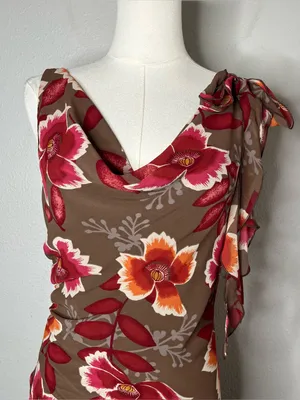 Y2K Vintage Bandolino Brown Red Large Floral Cowl Neck Draped Fairycore Dress thumbnail 3