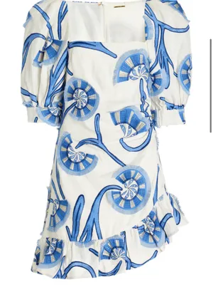 Alexis White Mini Dress with Blue Abstract Fan Print and Puff Sleeves thumbnail 7
